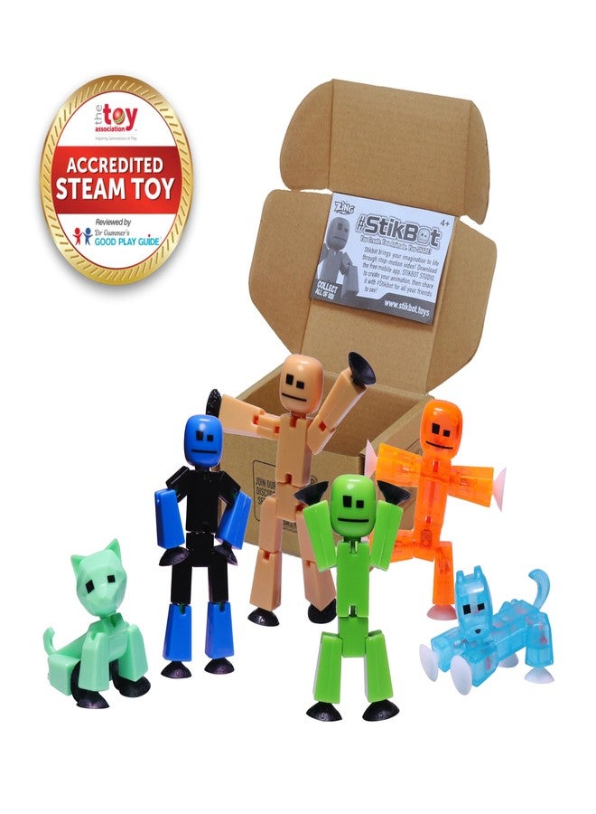 Zing Stikbot Family Pack, Set of 6 Stikbot Collectable Action Figures, Includes 2 Stikbots, 2 Junior Stikbots, 1 Dog, and 1 Cat, Stop Motion Animation - in Eco-Friendly Packaging, Age 4+ - Image 2